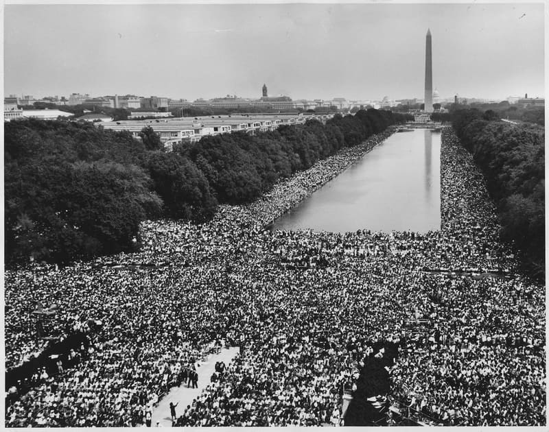 A vast crowd gathered along the Reflecting Pool in Washington, DC, holding signs