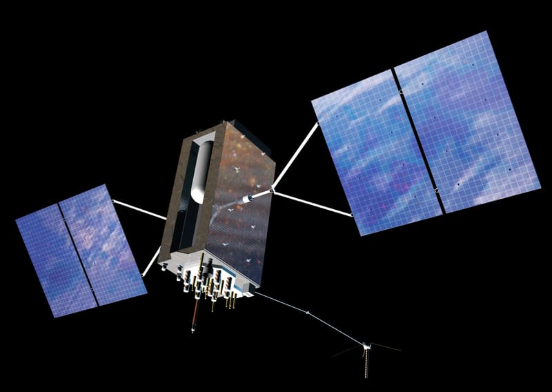 Illustration of a GPS navigation satellite orbiting above Earth