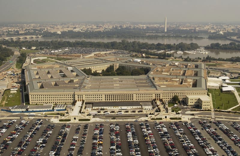 Aerial view of the five-sided Pentagon building